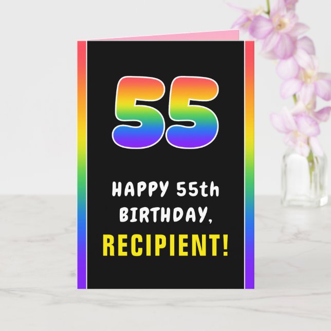 55th Birthday: Colorful Rainbow # 55, Custom Name Card (Orchid)