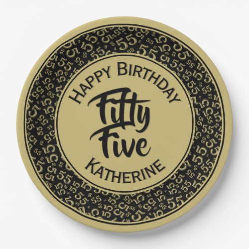 55th Birthday Cool  Number Pattern BlackGold Paper Plates