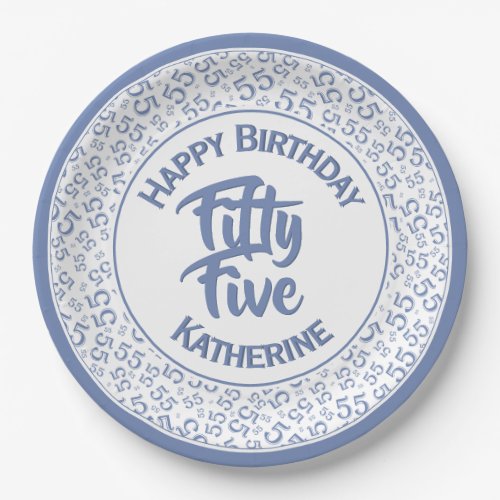 55th Birthday Cool  Number Pattern BlueWhite Paper Plates