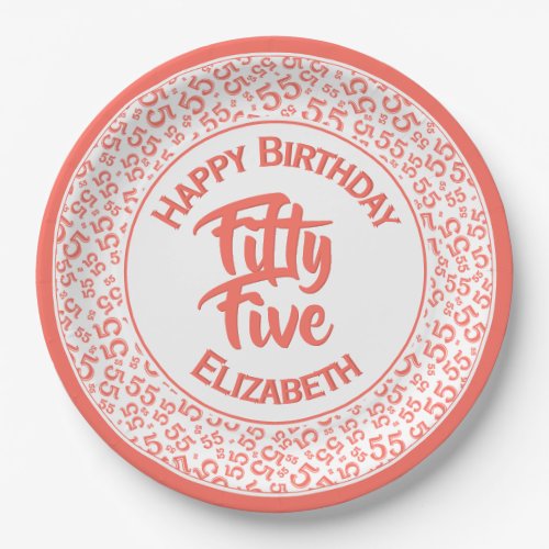 55th Birthday Cool  Number Pattern CoralWhite Paper Plates