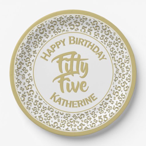 55th Birthday Cool  Number Pattern GoldWhite Paper Plates