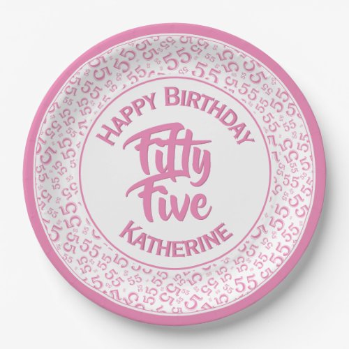 55th Birthday Cool  Number Pattern PinkWhite Paper Plates