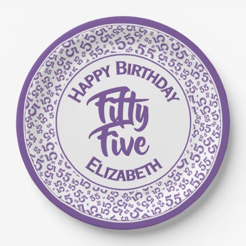55th Birthday Cool  Number Pattern PurpleWhite Paper Plates