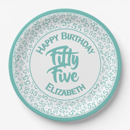 55th Birthday Cool  Number Pattern TealWhite Paper Plates