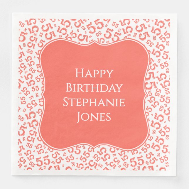 55th Birthday Coral/White Bracket Number Pattern Paper Dinner Napkins (Front)