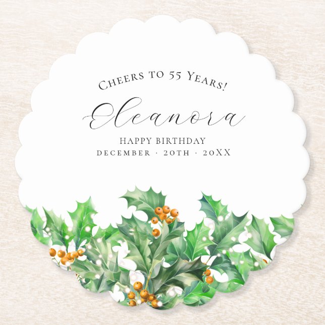 55th Birthday December Birth Flower Holly Custom Paper Coaster (Front)