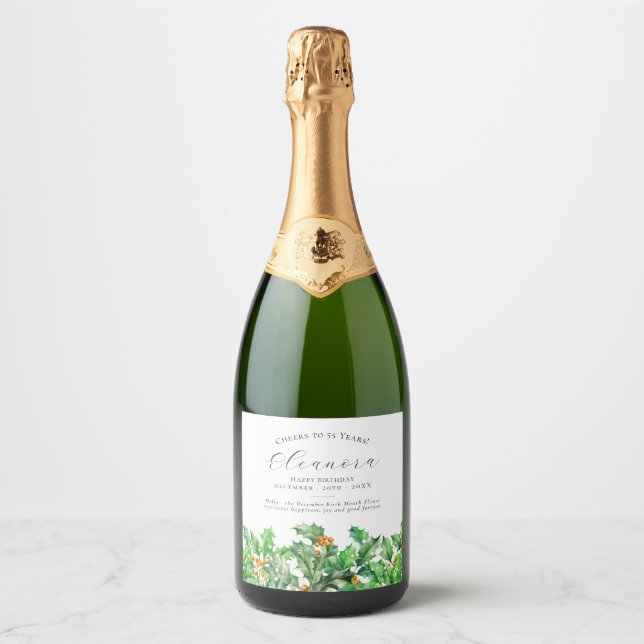 55th Birthday December Birth Flower Holly Sparkling Wine Label (Front)