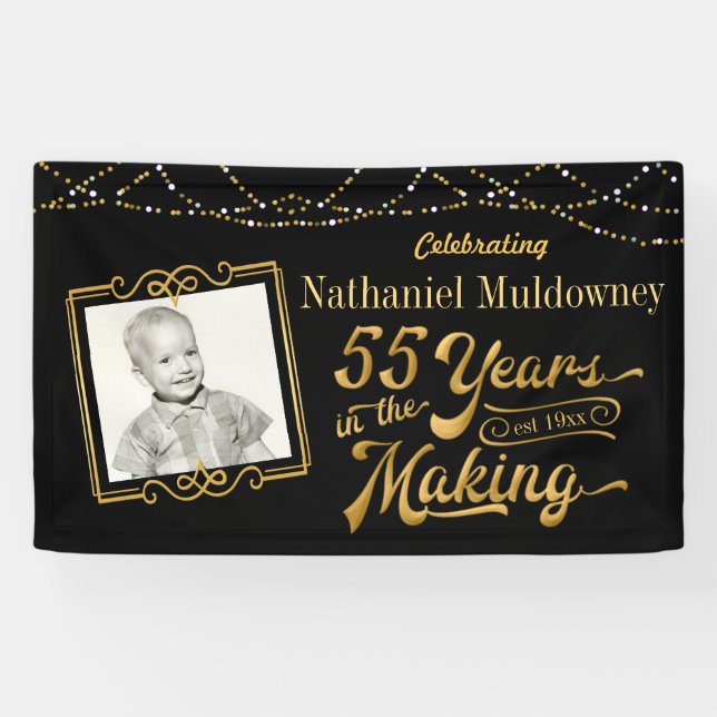 55th Birthday Editable Black and Gold Banner (Horizontal)
