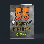 55th Birthday: Eerie Halloween Theme   Custom Name Card<br><div class="desc">The front of this spooky and scary Halloween themed birthday greeting card design features a large number “55” and the message “HAPPY BIRTHDAY, ”, plus a customizable name. There are also depictions of a bat and a ghost on the front. The inside features an editable birthday greeting message, or could...</div>