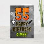 55th Birthday: Eerie Halloween Theme   Custom Name Card<br><div class="desc">The front of this spooky and scary Halloween themed birthday greeting card design features a large number “55” and the message “HAPPY BIRTHDAY, ”, plus a customizable name. There are also depictions of a bat and a ghost on the front. The inside features an editable birthday greeting message, or could...</div>