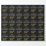 [ Thumbnail: 55th Birthday: Elegant, Black, Faux Gold Look Wrapping Paper ]