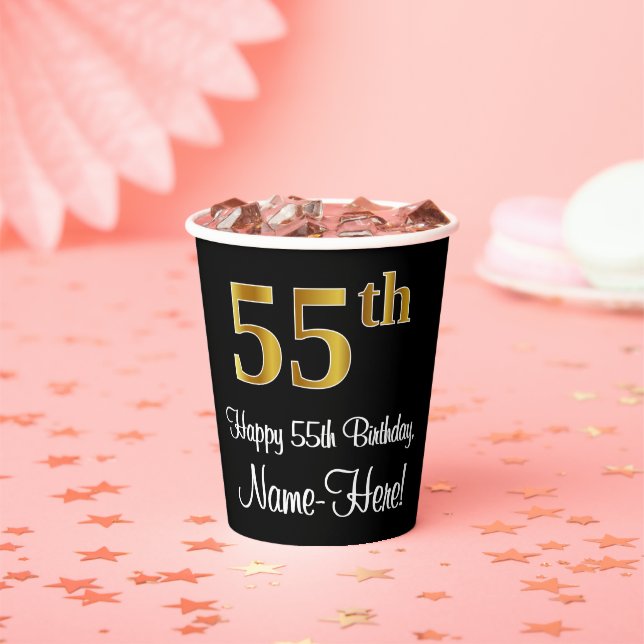 55th Birthday - Elegant Luxurious Faux Gold Look # Paper Cups (Insitu)