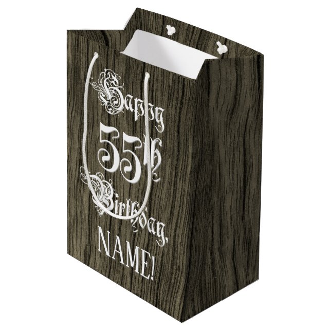 55th Birthday: Fancy, Faux Wood Look + Custom Name Medium Gift Bag (Back Angled)