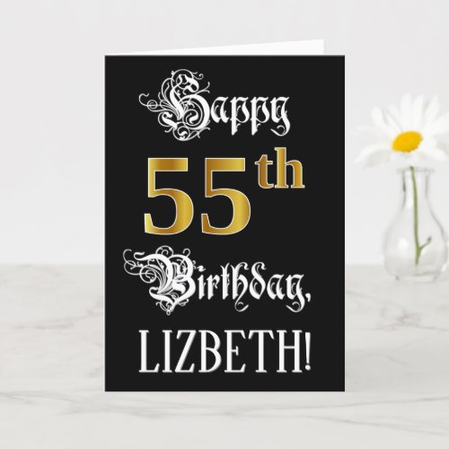 55th Birthday  Fancy Script Faux Gold Look Name Card