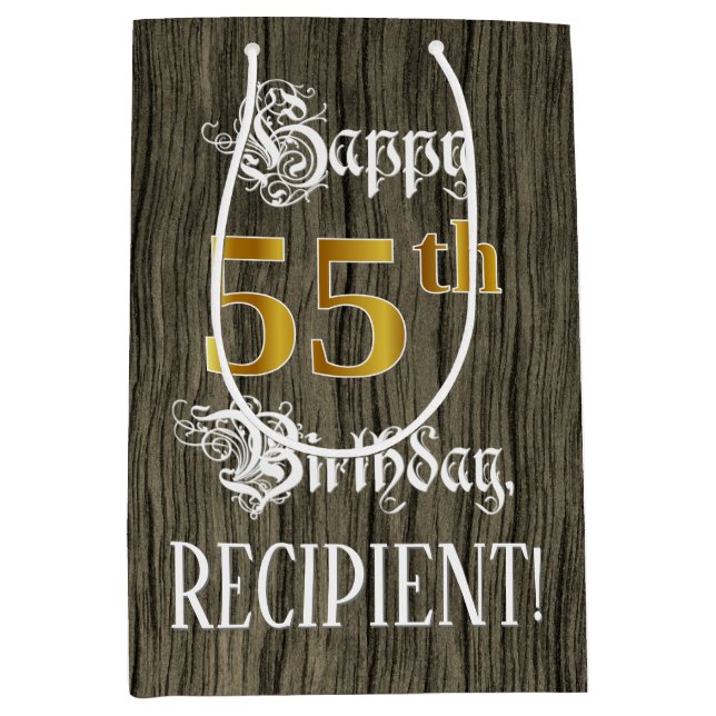 55th Birthday: Faux Gold Look & Faux Wood Pattern Medium Gift Bag (Front)