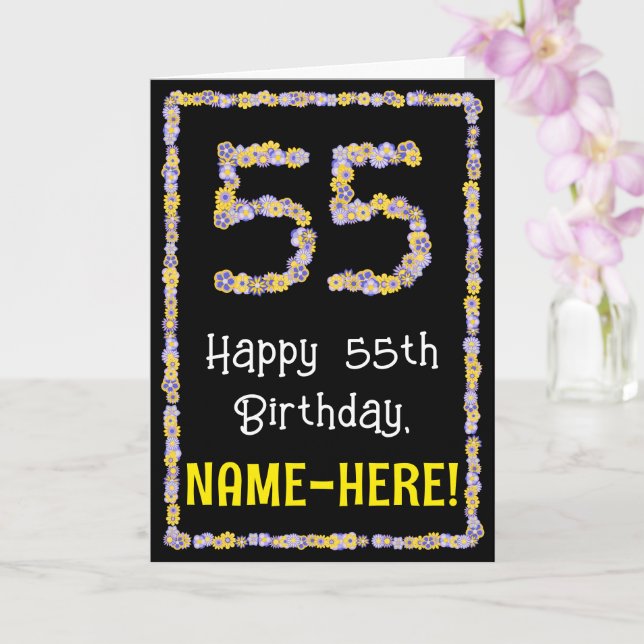55th Birthday: Floral Flowers Number, Custom Name Card (Orchid)