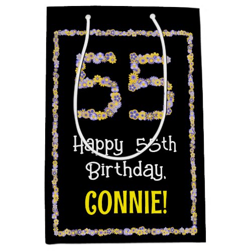 55th Birthday Floral Flowers Number Custom Name Medium Gift Bag