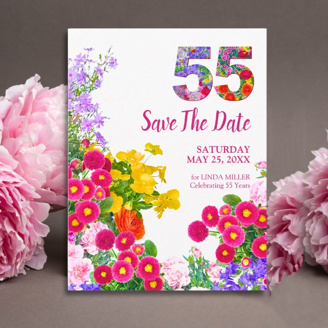 55th birthday Floral Modern Save The Date Announcement Postcard (Creator Uploaded)