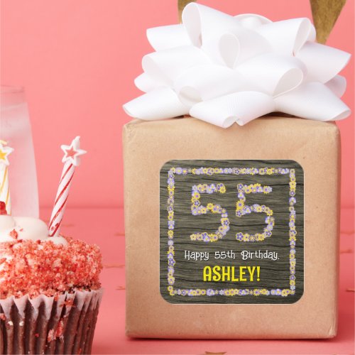 55th Birthday Floral Number Faux Wood Look Name Square Sticker