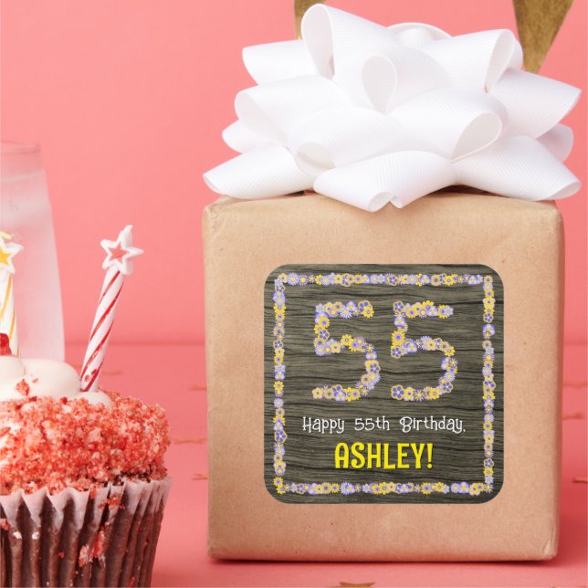 55th Birthday: Floral Number, Faux Wood Look, Name Square Sticker (Party)