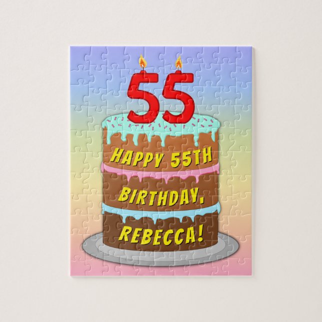 55th Birthday: Fun Cake and Candles + Custom Name Jigsaw Puzzle (Vertical)