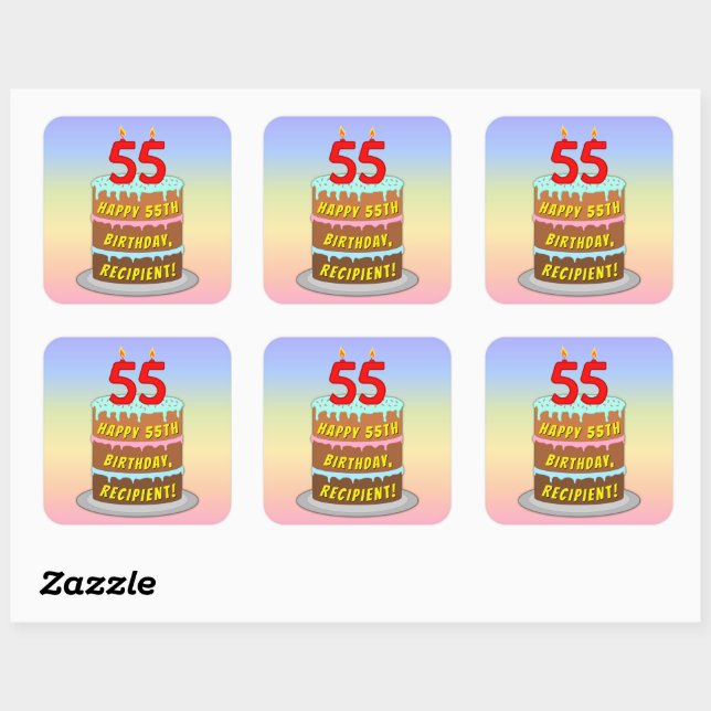 55th Birthday: Fun Cake and Candles + Custom Name Square Sticker (Sheet)