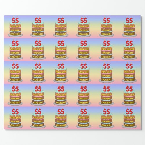55th Birthday Fun Cake and Candles  Custom Name Wrapping Paper