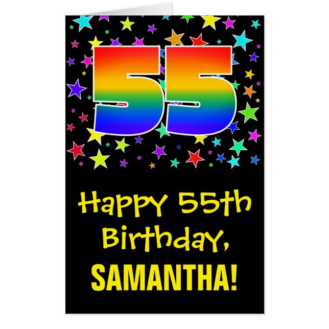 55th Birthday: Fun, Colorful Stars + Rainbow # 55 Card (Front)