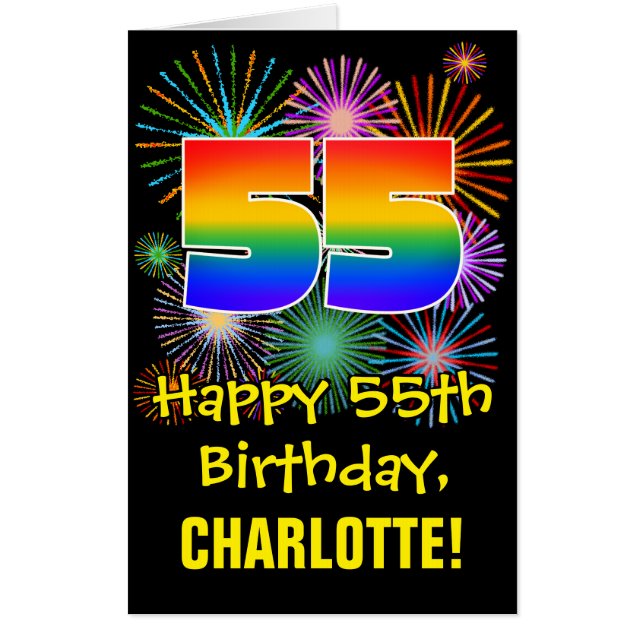 55th Birthday: Fun Fireworks Pattern & Rainbow 55 Card (Front)