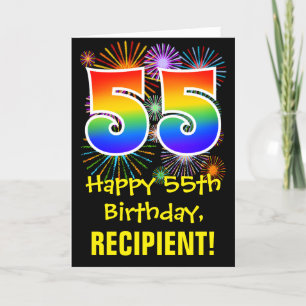 55th Birthday: Fun Fireworks Pattern + Rainbow 55 Card