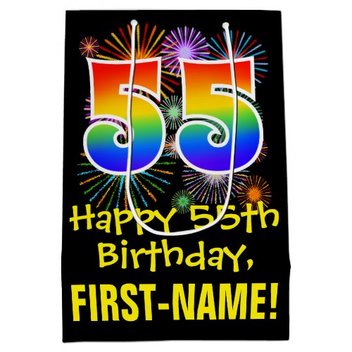 55th Birthday Fun Fireworks Pattern  Rainbow 55 Medium Gift Bag