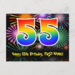 [ Thumbnail: 55th Birthday – Fun Fireworks Pattern + Rainbow 55 Postcard ]