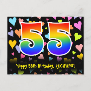 55th Birthday: Fun Hearts Pattern, Rainbow 55 Postcard