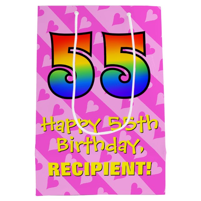55th Birthday: Fun Pink Hearts Stripes; Rainbow 55 Medium Gift Bag (Back)