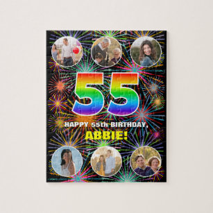 55th Birthday: Fun Rainbow #, Custom Name + Photos Jigsaw Puzzle