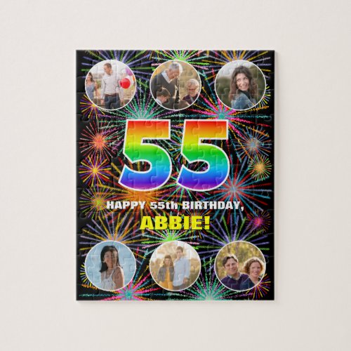 55th Birthday Fun Rainbow  Custom Name  Photos Jigsaw Puzzle