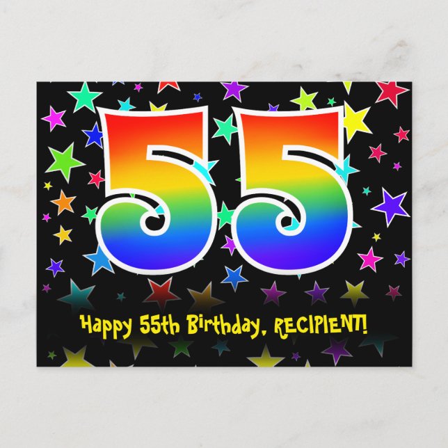 55th Birthday: Fun Stars Pattern, Rainbow 55, Name Postcard (Front)