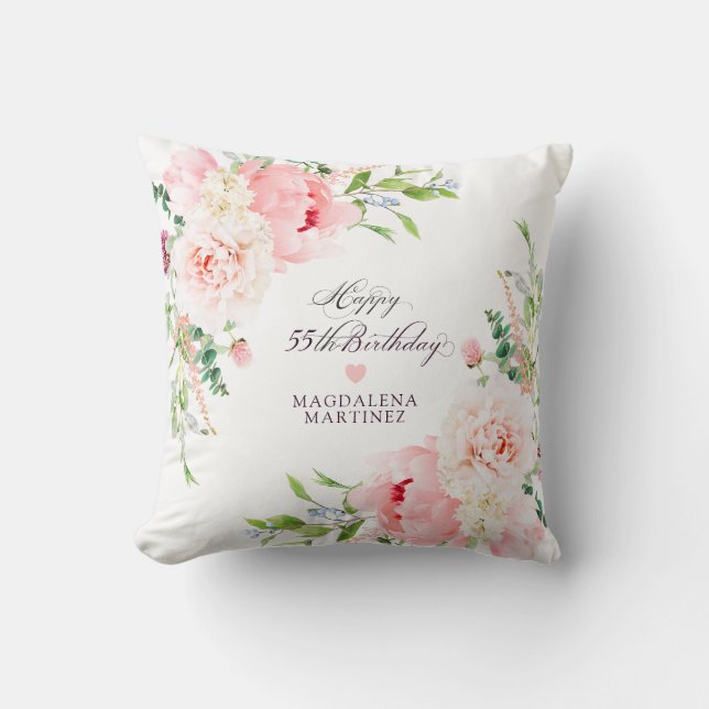 55th Birthday Gift Pink Floral Personalized Throw Pillow (Front)