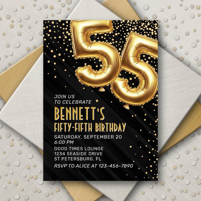 55th Birthday Gold Black Invitation (Creator Uploaded)