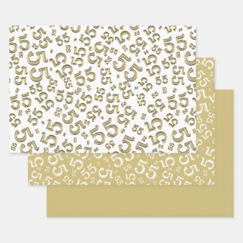 55th Birthday GoldWhite Random Number Pattern 55 Wrapping Paper Sheets