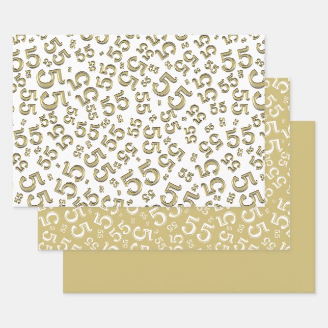 55th Birthday Gold/White Random Number Pattern 55 Wrapping Paper Sheets (Set)