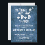 55th Birthday Invitation Blue Linen Rustic Cheers<br><div class="desc">A rustic 55th birthday party invitation in blue linen burlap with white type that says cheers to 55 years. Great for casual birthday celebrations. Suitable for men's or women's birthday parties.</div>