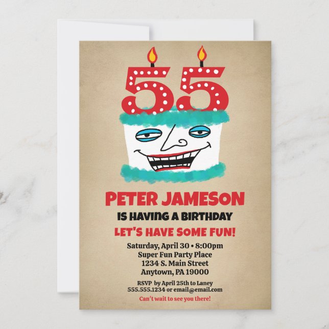 55th Birthday Invitation Funny Cake Casual Mens (Front)