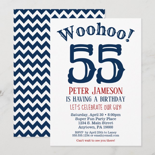55th Birthday Invitation Mens Navy Blue (Front/Back)