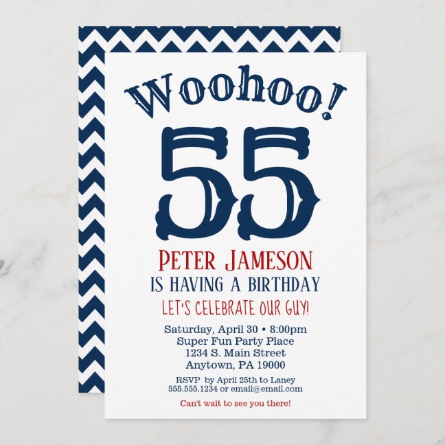 Men's 55th Birthday Invitation - Blue Chevron