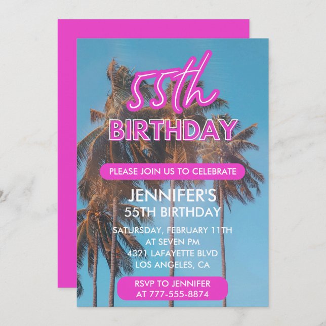 55th birthday invitation Summer Tropical Palm tree (Front/Back)