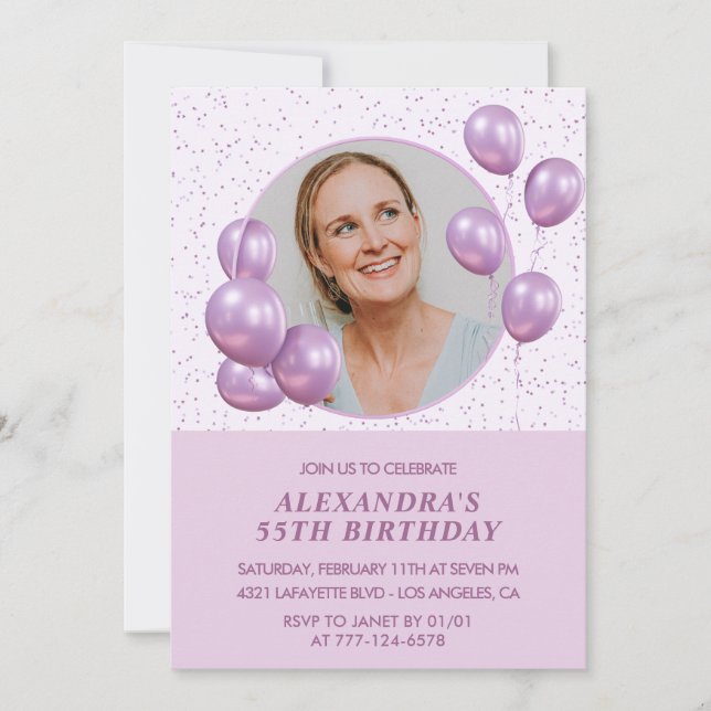 55th birthday invitations Balloons Photo Purple (Front)