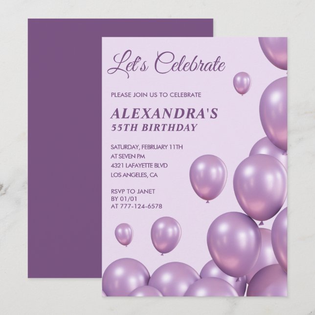 55th birthday invitations Balloons Purple (Front/Back)