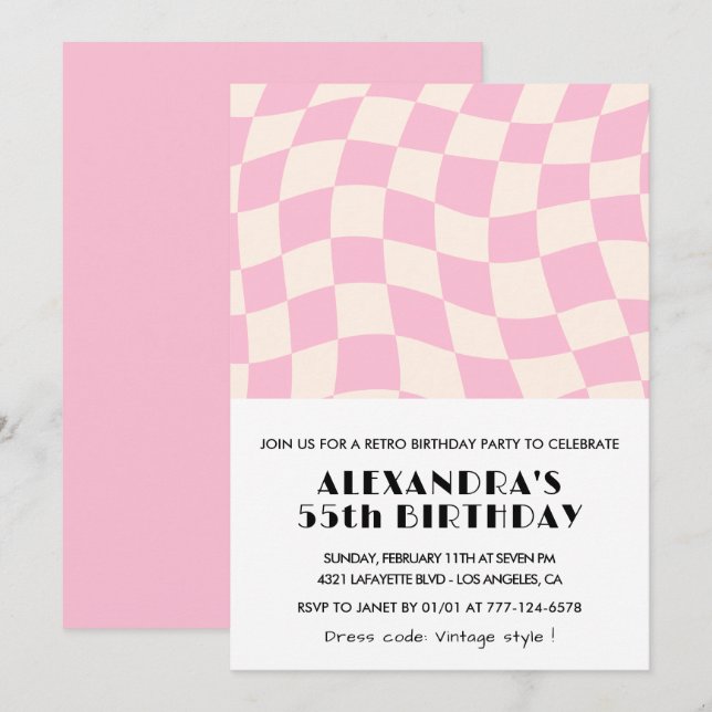 55th birthday invitations Checkered Retro Pink  (Front/Back)