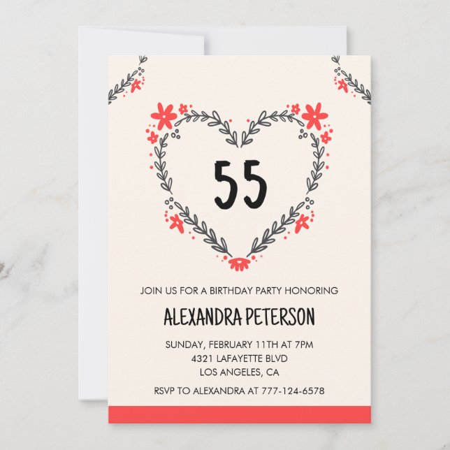 55th birthday invitations for her floral heart (Front)